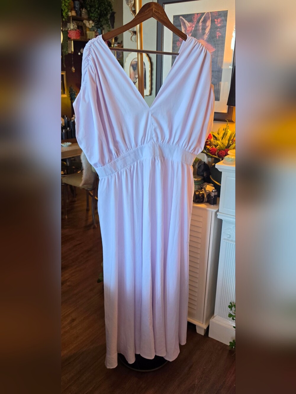 Soft White V-Neck Maxi Dress With full Skirt